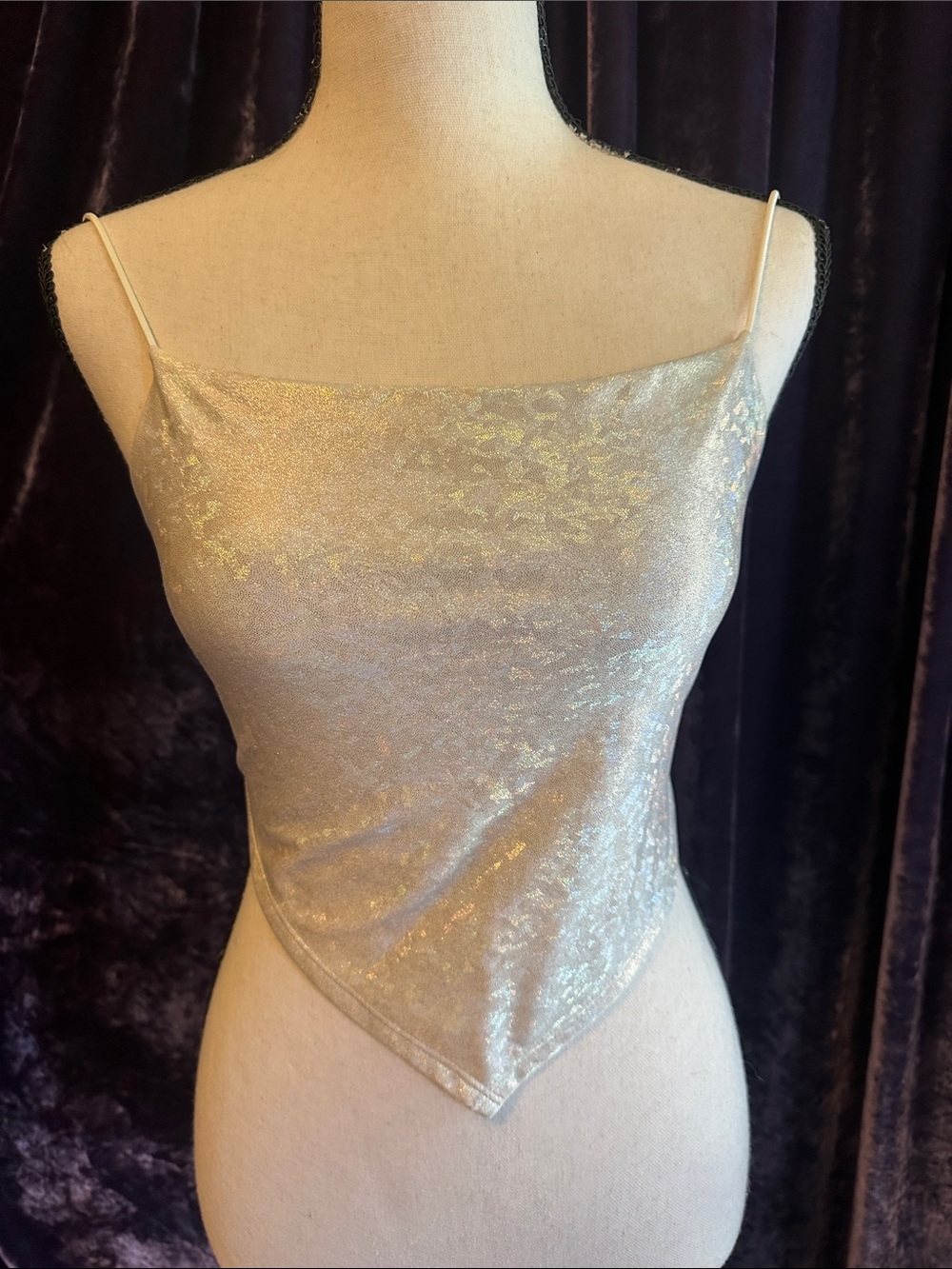 Eye Candy Shimmery Metallic Ivory Handkerchief Hem Cami Sz S